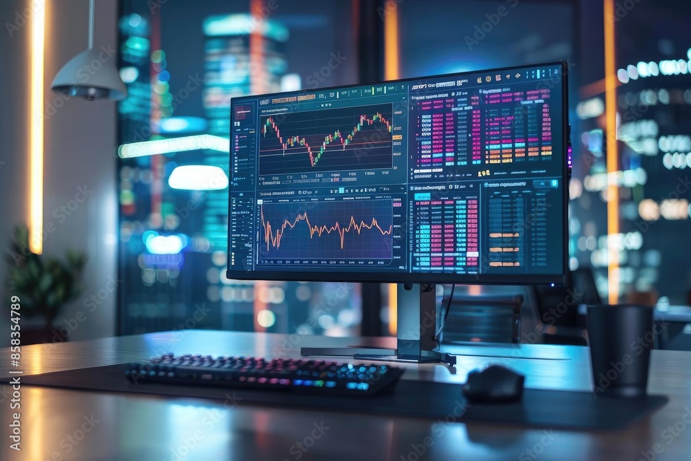 Modern office desk with a computer monitor showing financial charts and data analysis at night, with city lights in the background. Modern office desk with a computer monitor showing financial charts and data analysis at night, with city lights in the background.
