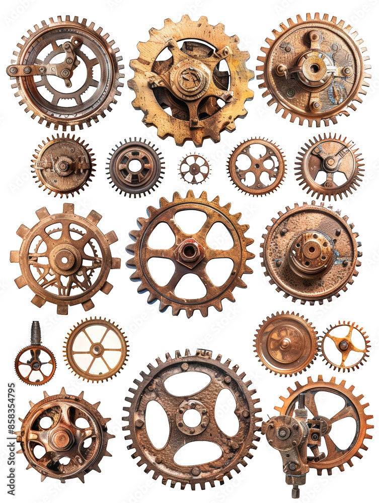 A collection of old, rusty gears of various sizes A collection of old, rusty gears of various sizes