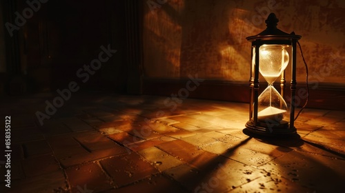 End of an Era: An hourglass with a large crack in a dimly lit room, with a dramatic shadow, conveying the end of a significant period photo