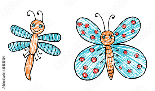 Butterfly and dragonfly cartoon cheerful textured contour drawings, vector hand drawn illustration isolated on white