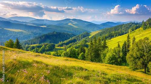Wallpaper Mural Stunning mountain views with lush green trees and meadows. Picture-perfect summer scenery in Sadecki Beskids, Poland. Torontodigital.ca