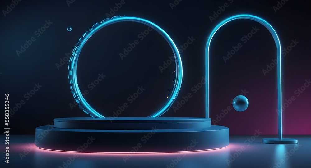 Blue podium with realistic flying spheres and neon ring on background. Light blue abstract scene with neon ring Blue podium with realistic flying spheres and neon ring on background. Light blue abstract scene with neon ring