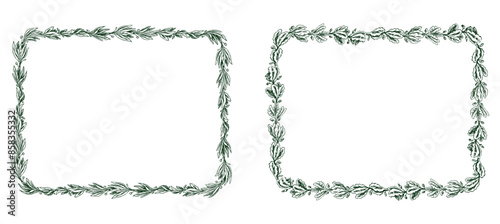 Frames decorative from drawn laurel, oak leaves, vector illustration on white background, decor for greeting cards