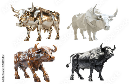 Four unique bull sculptures in gold, wood, stone, and geometric styles, each showcasing different artistic expressions. Isolated on transparent background.