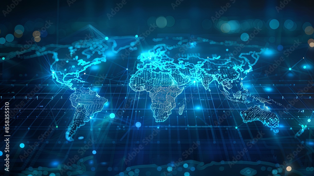 A stunning digital map of the world depicting glowing blue light patterns and connections, symbolizing technological advancement and global connectivity. A stunning digital map of the world depicting glowing blue light patterns and connections, symbolizing technological advancement and global connectivity.
