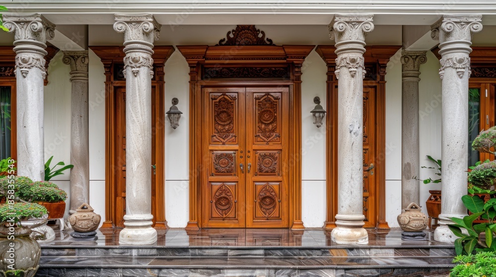 a teak wood door typical of Asian housing. a teak wood door typical of Asian housing.