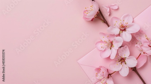 Elegant Cherry Blossom and Envelope Composition on a Soft Pink Background