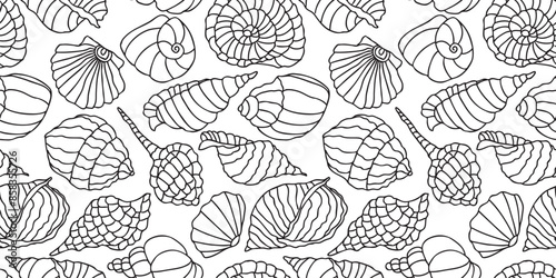 Seamless pattern of different sea shells decorative contour drawings, vector black and white background