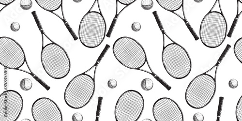 Seamless pattern of drawn tennis racquets and balls, black and white background, wallpaper, paper, vector illustration