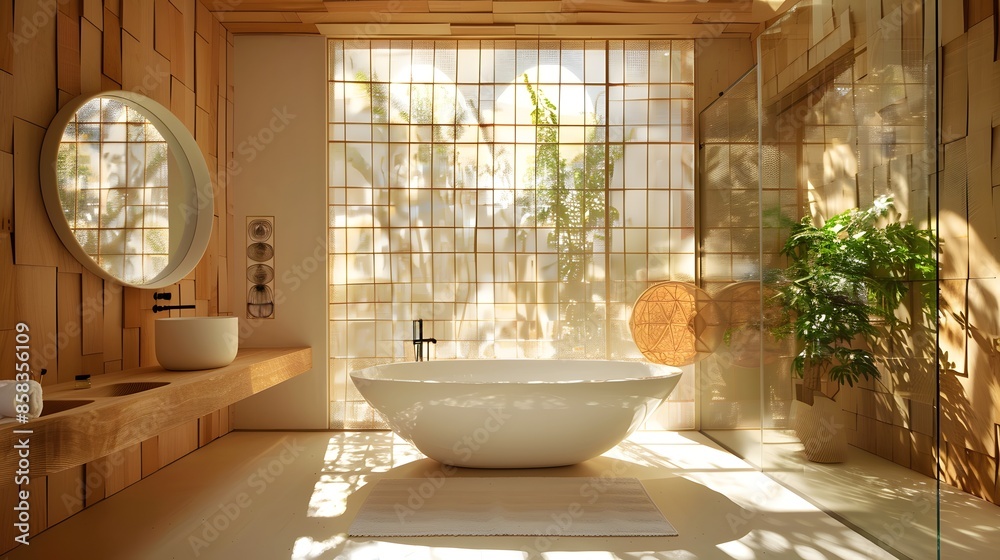 Sunlight bathes a tranquil Japanese-style bathroom with a soaking tub and bamboo accents for a serene spa atmosphere. Sunlight bathes a tranquil Japanese-style bathroom with a soaking tub and bamboo accents for a serene spa atmosphere.