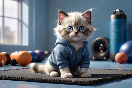 cute Ragdoll cat doing fitness in the gym photo