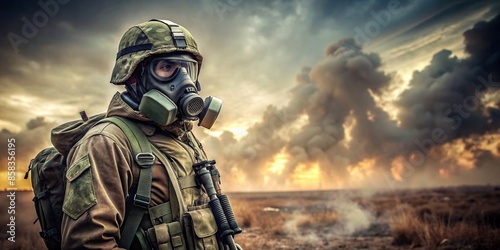 Soldier equipped with gas mask standing in the battlefield, war, protection, military, equipment, hazard, safety, combat © Woonsen