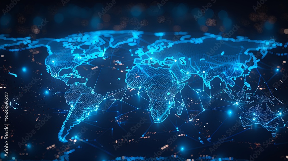 A digital world map glowing with blue light, showcasing an interlinked network of connections and nodes, illustrating global connectivity and communication technology. A digital world map glowing with blue light, showcasing an interlinked network of connections and nodes, illustrating global connectivity and communication technology.