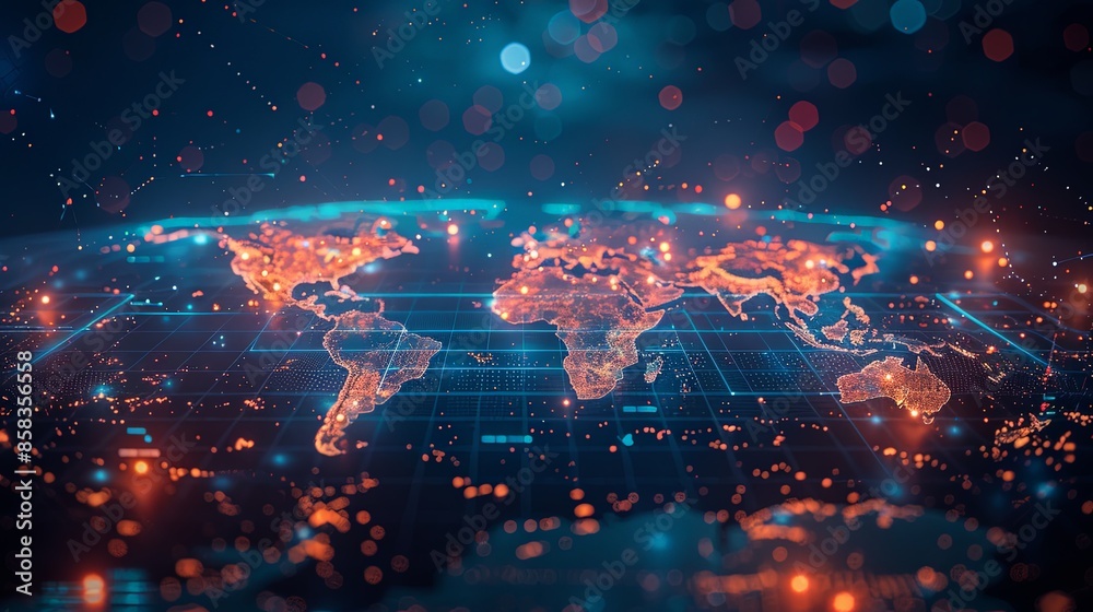 A vibrant orange digital world map with data points and lines interconnecting various locations, representing global data exchange, technology, and interconnectedness. A vibrant orange digital world map with data points and lines interconnecting various locations, representing global data exchange, technology, and interconnectedness.