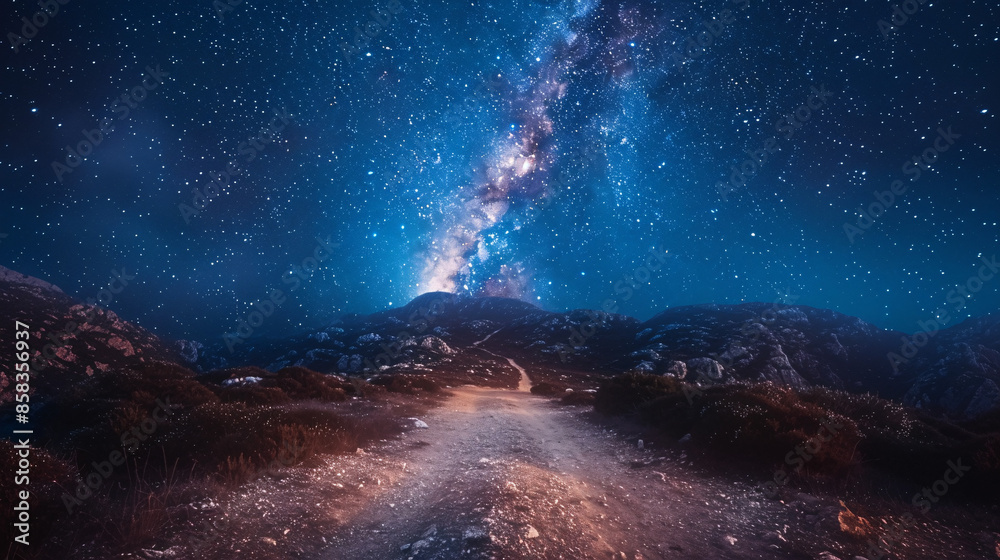 Starry Night Hike: Majestic Mountain Trail under Constellations - Nature and Night Sky Beauty for Outdoor Travel Promotions