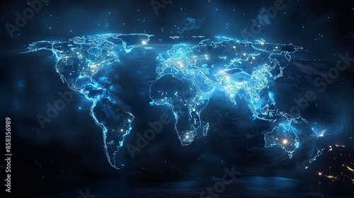 An illuminated digital global map displaying interconnected networks across continents, emphasizing the modern era's advancements in communication technology and globalization. photo