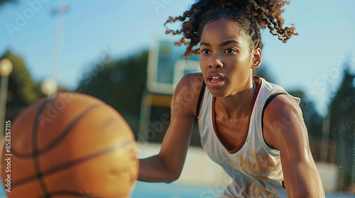 Determined Woman Playing Basketball Outdoors with Intense Focus - Action Shot Against Clear Sky, Perfect for Promotions