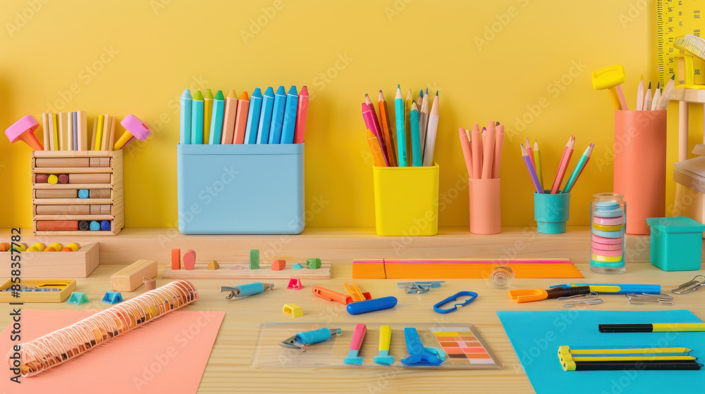 Various school supplies are arranged on a wooden desk in a classroom setting. Various school supplies are arranged on a wooden desk in a classroom setting.