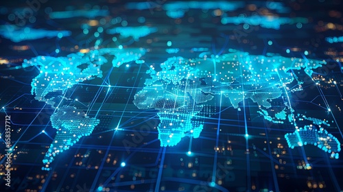 An artwork of a technological world map highlighting bright connectivity lines and glowing data points, symbolizing modern global networks and digital communication.