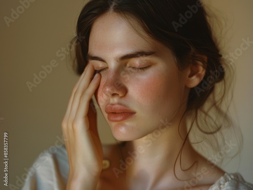 A portrait of an red-haired woman with closed eyes, gently touching her face and neck in front of a beige background.