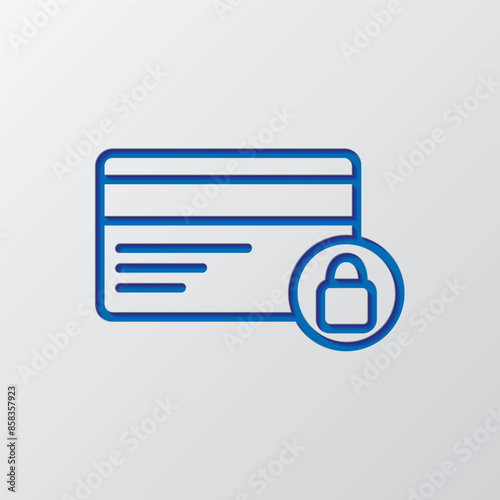 Credit card, lock, security simple icon vector. Flat design. Paper cut design. Cutted blue symbol with shadow. Gray background