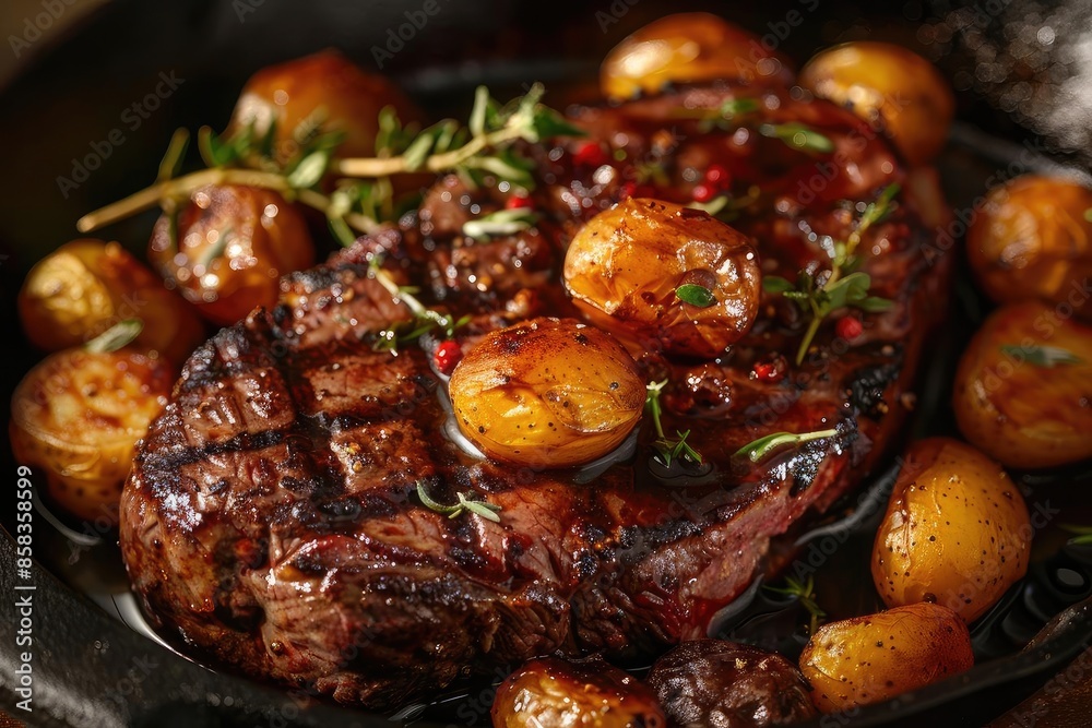 Delicious grilled ribeye steak served with roasted baby potatoes and garnished with fresh herbs on a black plate, perfect for dinner.
