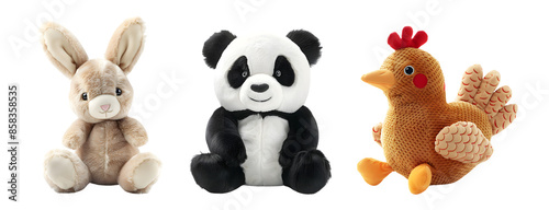 Three plush toys: a cute bunny, a cuddly panda, and a cheerful chicken, sitting side by side.  Isolated on transparent background.