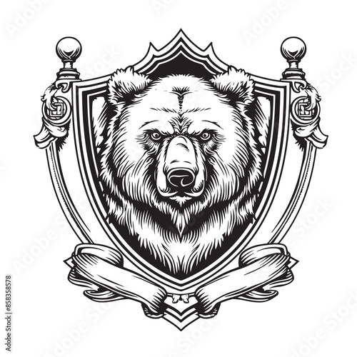 Vector image of a heraldic shield with a bear emblem, symbol. Line art.