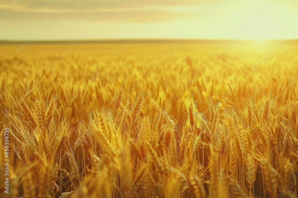 Golden wheat field at sunset, sun rays illuminating the ripe crops, depicting a vibrant agricultural scene and nature's bounty. Golden wheat field at sunset, sun rays illuminating the ripe crops, depicting a vibrant agricultural scene and nature's bounty.
