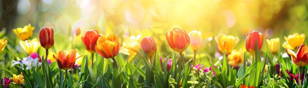 Colorful Tulips Blooming in Spring Sunlight Colorful Tulips Blooming in Spring Sunlight