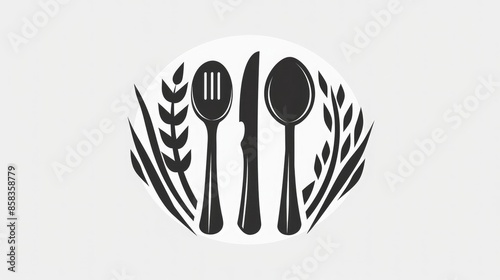 logo of cutlery, spoon fork knife in the shape, flat design, bkack and white illustration photo