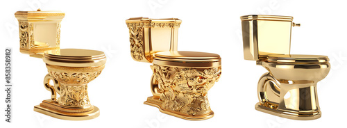 Ornate golden toilets with intricate designs and a glossy finish, standing against a pure white background.