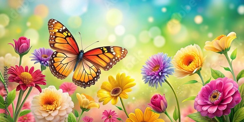 Drawing of colorful flowers with a butterfly perched on top, flowers, butterfly, drawing,nature, vibrant, colorful © Woonsen