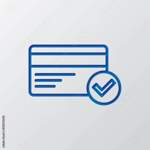 Credit card, success simple icon vector. Flat design. Paper cut design. Cutted blue symbol with shadow. Gray background