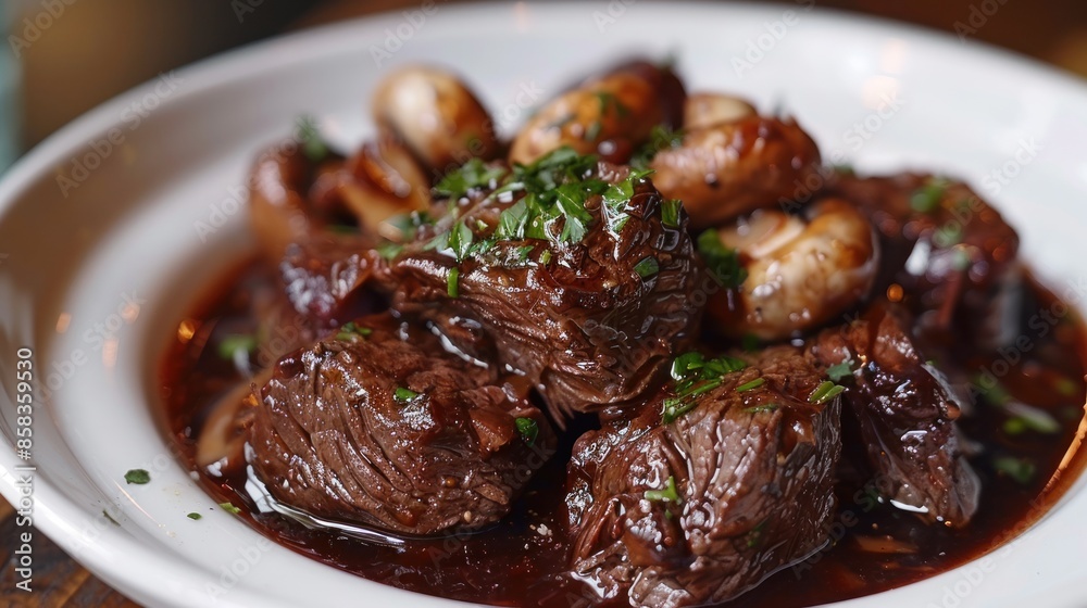 Beef, a classic French dish, features tender chunks of beef braised in a rich red wine sauce with caramelized onions, mushrooms, and aromatic herbs, offering a hearty and comforting culinary Beef, a classic French dish, features tender chunks of beef braised in a rich red wine sauce with caramelized onions, mushrooms, and aromatic herbs, offering a hearty and comforting culinary