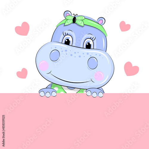 Cute cartoon smiling hippo is peeking. Vector illustration of animal with hearts.