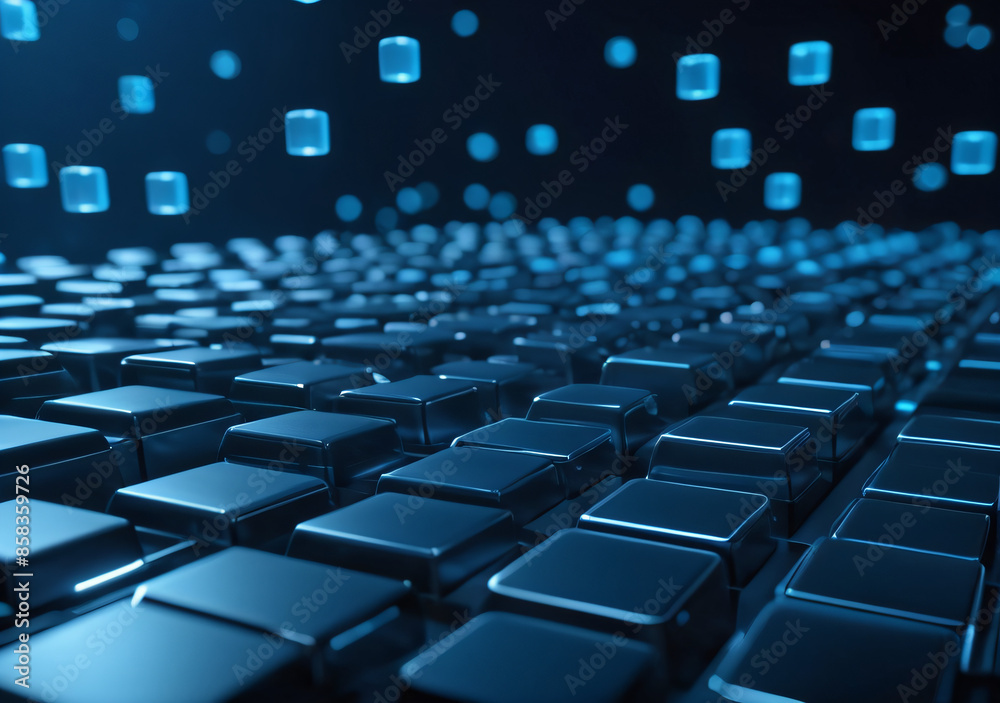 A blue background with many small squares of different sizes. sci-fi background. Generative AI. A blue background with many small squares of different sizes. sci-fi background. Generative AI.