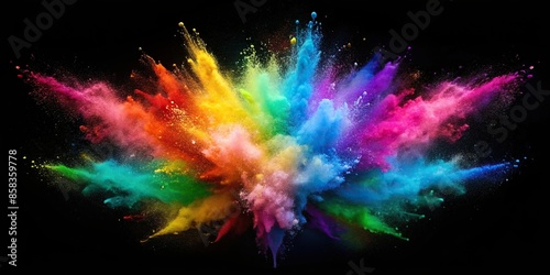 Ultra HD 8K multi sharp rainbow color powder splashes on black background in spot light from both directions