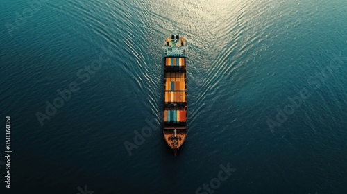 An overhead drone shot of a container ship surrounded by containers on a vast open sea, against a minimalist blue or gray background, emphasizing the ship's role in global trade and commerce 