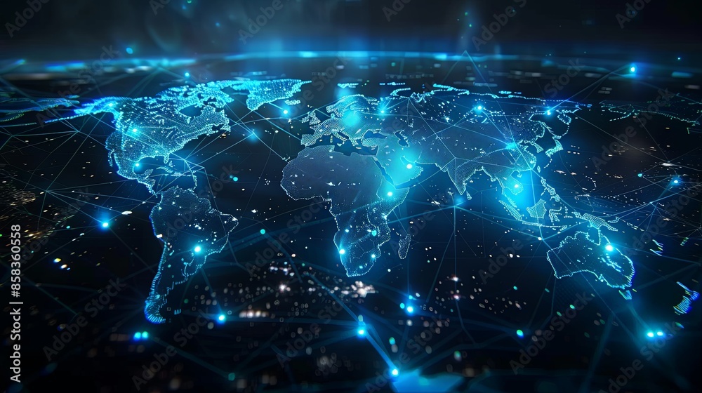 A digital world map highlighted by blue light networks, showcasing detailed connectivity between continents, indicative of 21st-century global communication technology. A digital world map highlighted by blue light networks, showcasing detailed connectivity between continents, indicative of 21st-century global communication technology.