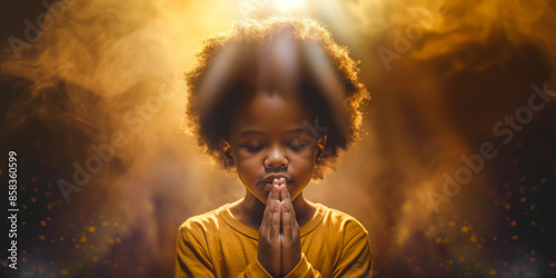 Cute black child praying. Unique prayer concept with a fantasy vibrant ethereal colorful approach. Conceptual image of prayer and thankfulness. With copy space. Glowing light of god.