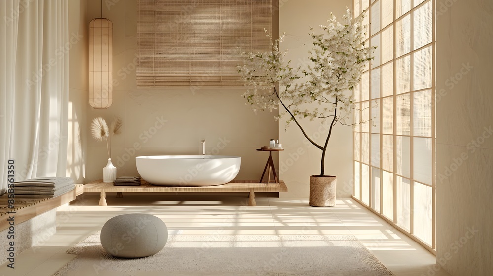 A serene and minimalist Japanese-style bathroom with natural light and a soaking tub offers a peaceful retreat. A serene and minimalist Japanese-style bathroom with natural light and a soaking tub offers a peaceful retreat.