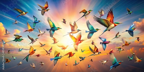 Colorful background with various birds flying around, birds, colorful, background, flying, wildlife, nature, vibrant, animals photo