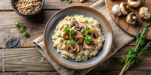 Creamy Italian risotto with mushrooms in top view, using the rule of thirds, with copy space, risotto, Italian, food
