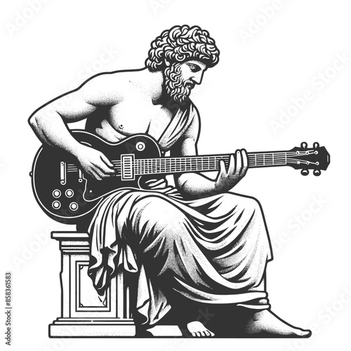 classical statue playing an electric guitar, ancient art with modern music sketch engraving generative ai fictional character vector illustration. Scratch board imitation. Black and white image.