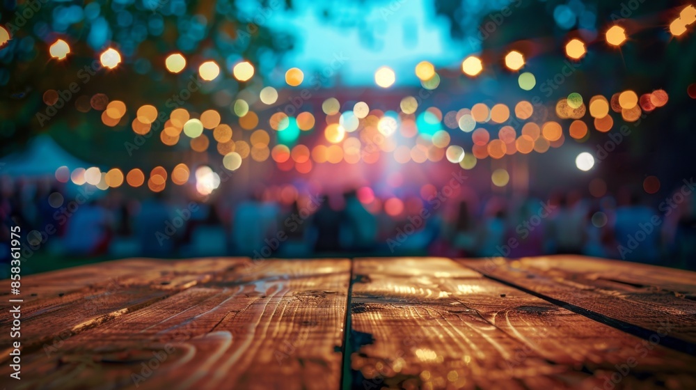 Wooden Tabletop with Bokeh Lights at Night Wooden Tabletop with Bokeh Lights at Night