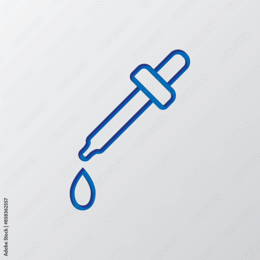 Dropper and water drop simple icon vector. Flat design. Paper cut design. Cutted blue symbol with shadow. Gray background Dropper and water drop simple icon vector. Flat design. Paper cut design. Cutted blue symbol with shadow. Gray background