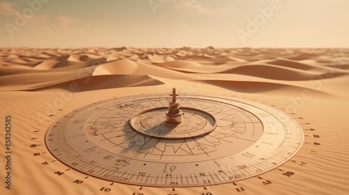 Fototapeta Naklejka Na Ścianę i Meble -  A sundial in the middle of a vast desert with sand dunes under a clear sky.