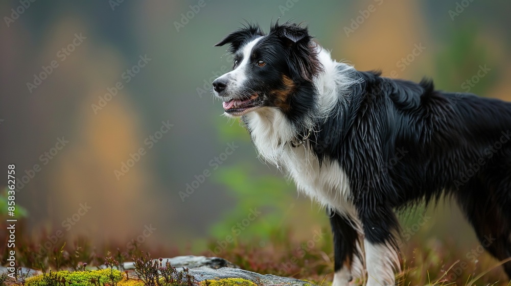 Black-and-white dog on green grass field beside rocky ground Black-and-white dog on green grass field beside rocky ground