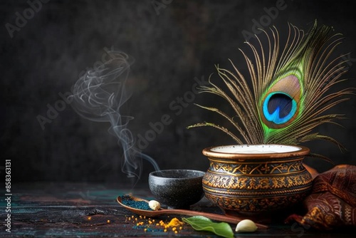 Happy Krishna Janmashtami concept. Pot with milk, bansuri and peacock feathers on a dark background. Traditional holiday greeting card photo